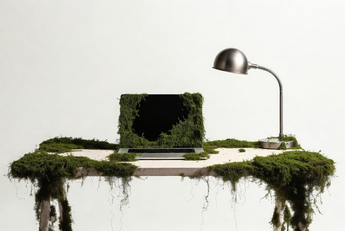 Рабочий стол, покрытый мхом, с ноутбуком — иллюстрация профессионального выгорания
