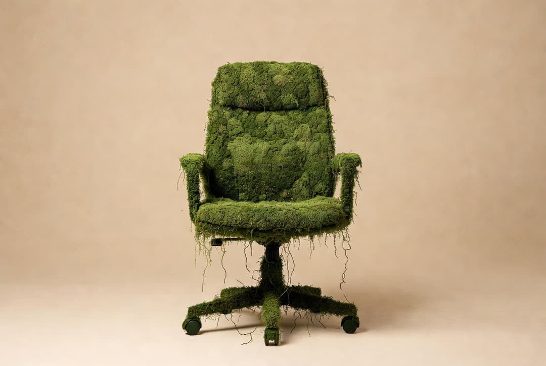 Офисное кресло, покрытое мхом — символ рабочего выгорания